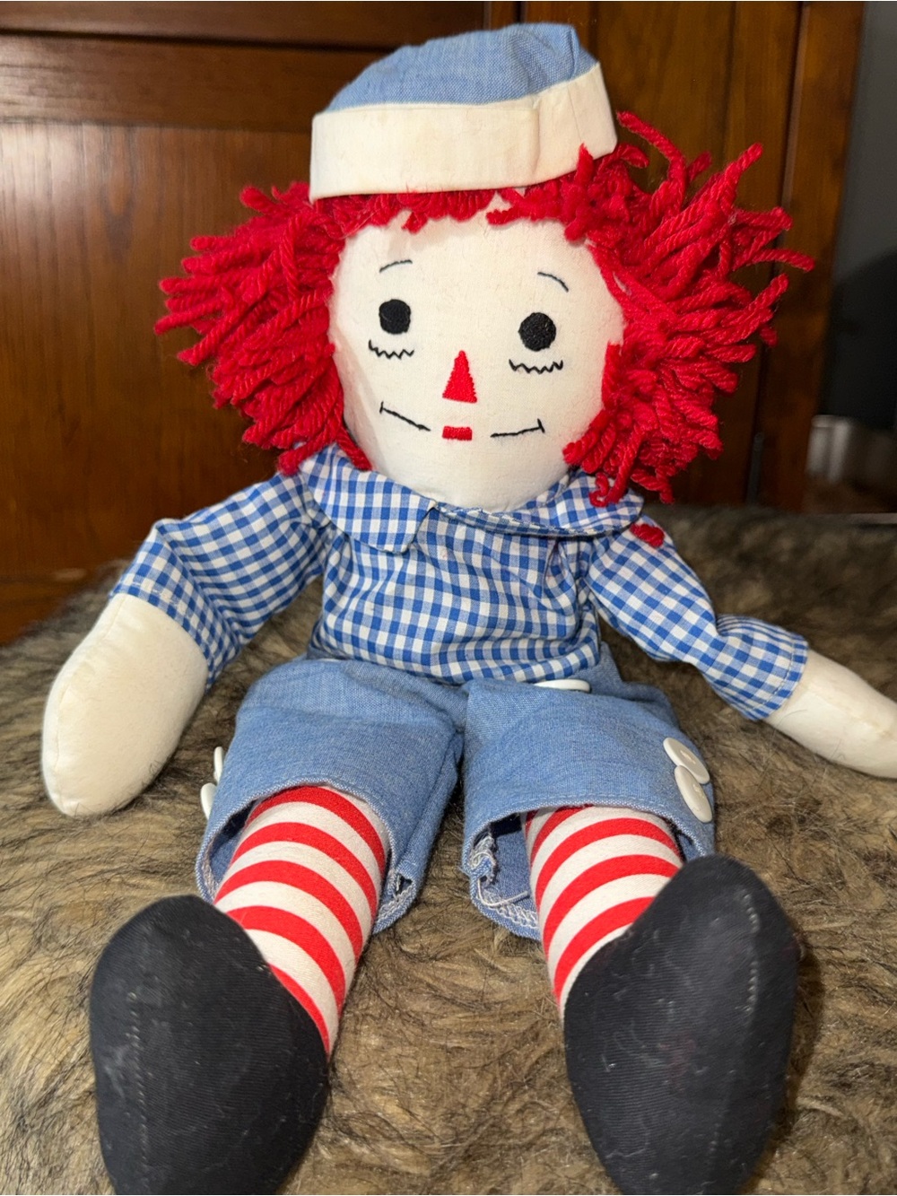 Raggedy Andy cloth tag doll red hair blue checkered shirt blue trousers 15”